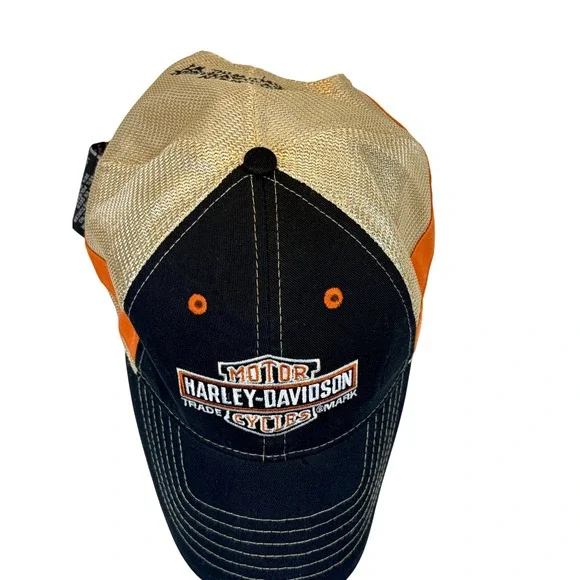 Harley-Davidson Hat Oconomowoc WI Wisconsin Mesh Trucker Cap Black Gold Orange - Picture 8 of 9